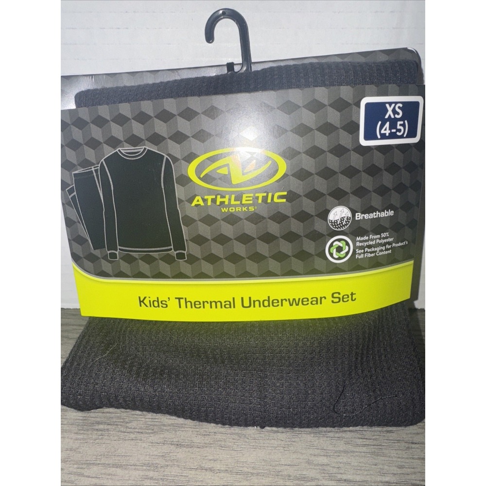 New Athletic Works Boys Youth Thermal Underwear Set Black Breathable XS(4/5)